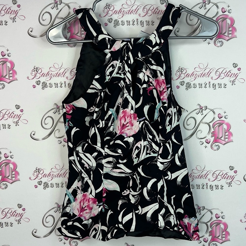 White House Black Market halter top twist floral Black and Pink blue white